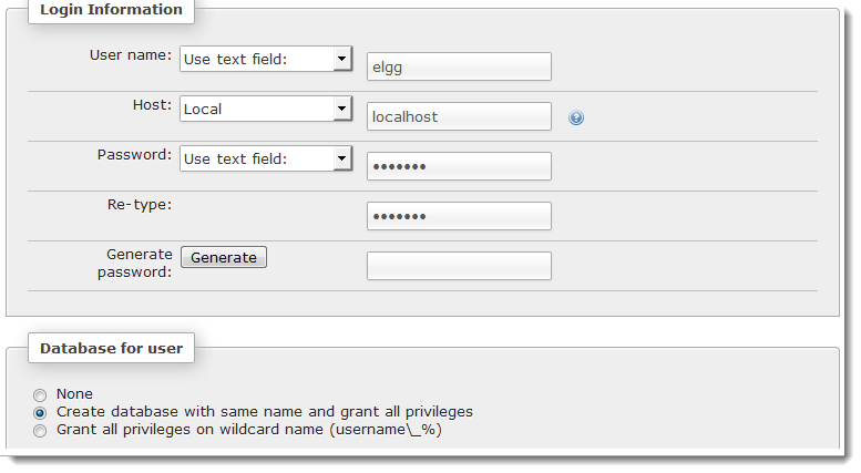 phpmyadmin add user and database